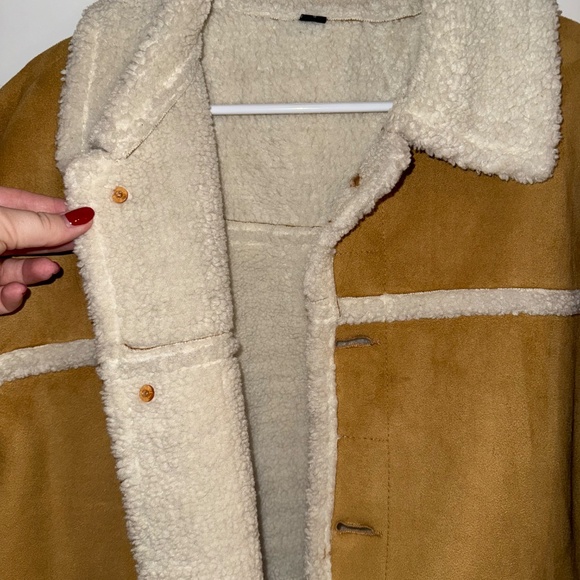 Tan Faux Suede Sherpa-Lined Jacket Cozy Button Front Coat - Picture 5 of 5